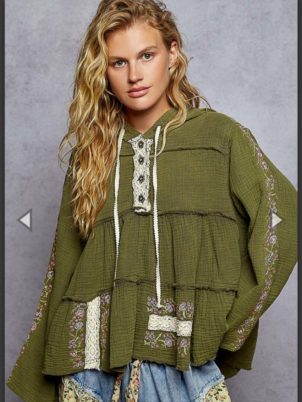 NEW!! POL Olive Green Embroidered Hooded Peasant Top, NWT